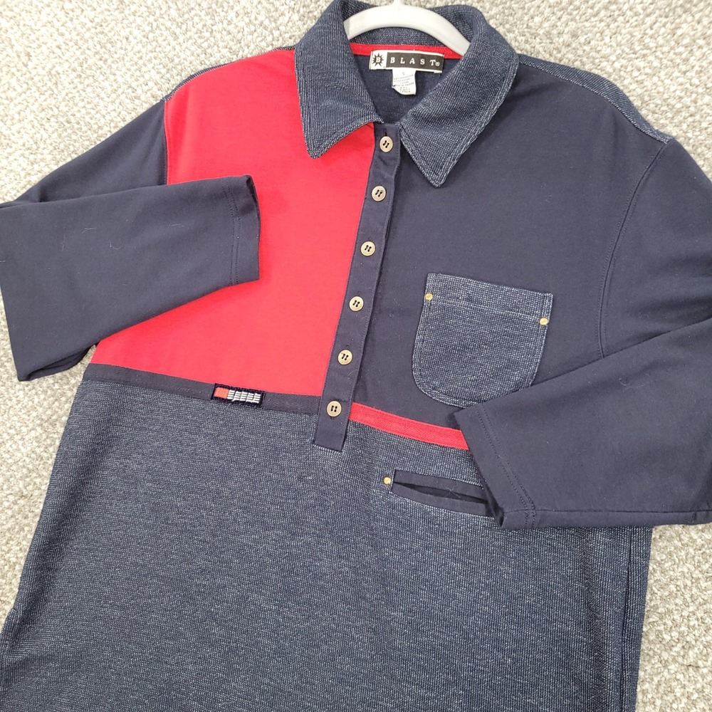 Blast Mens Retro Long Sleeve Colorblock Polo Shirt Navy Red Textured Size Small